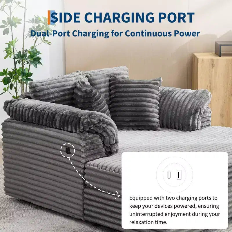 60-Inch Oversized Chaise Lounge with USB Charging Ports