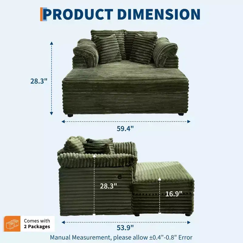 60-Inch Oversized Chaise Lounge with USB Charging Ports