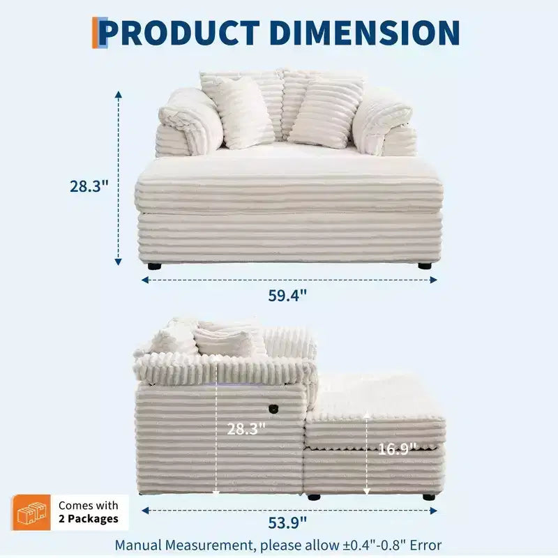 60-Inch Oversized Chaise Lounge with USB Charging Ports