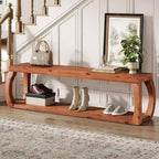 59-Inch 2-Tier Solid Wood Entryway Bench with Open Shelves, Rustic Brown