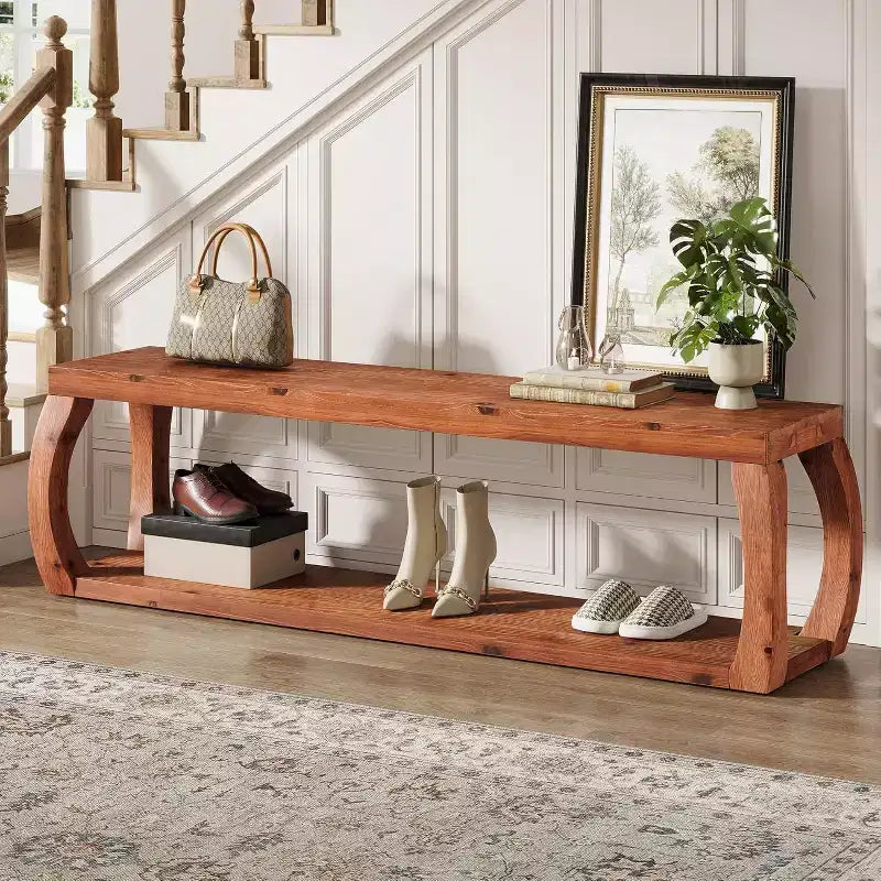 59-Inch 2-Tier Solid Wood Entryway Bench with Open Shelves, Rustic Brown