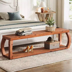 59-Inch 2-Tier Solid Wood Entryway Bench with Open Shelves, Rustic Brown