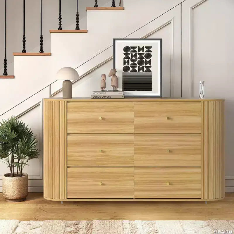 6-Drawer Wooden Dresser with Curved Edges, Oak Finish