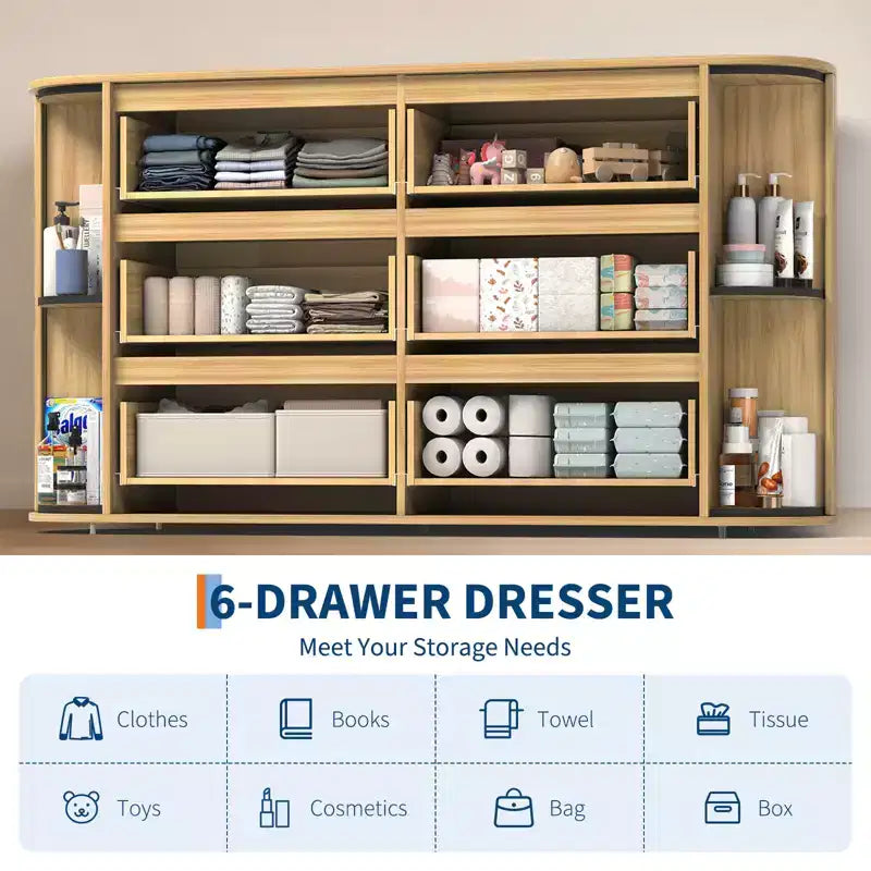 6-Drawer Wooden Dresser with Curved Edges, Oak Finish