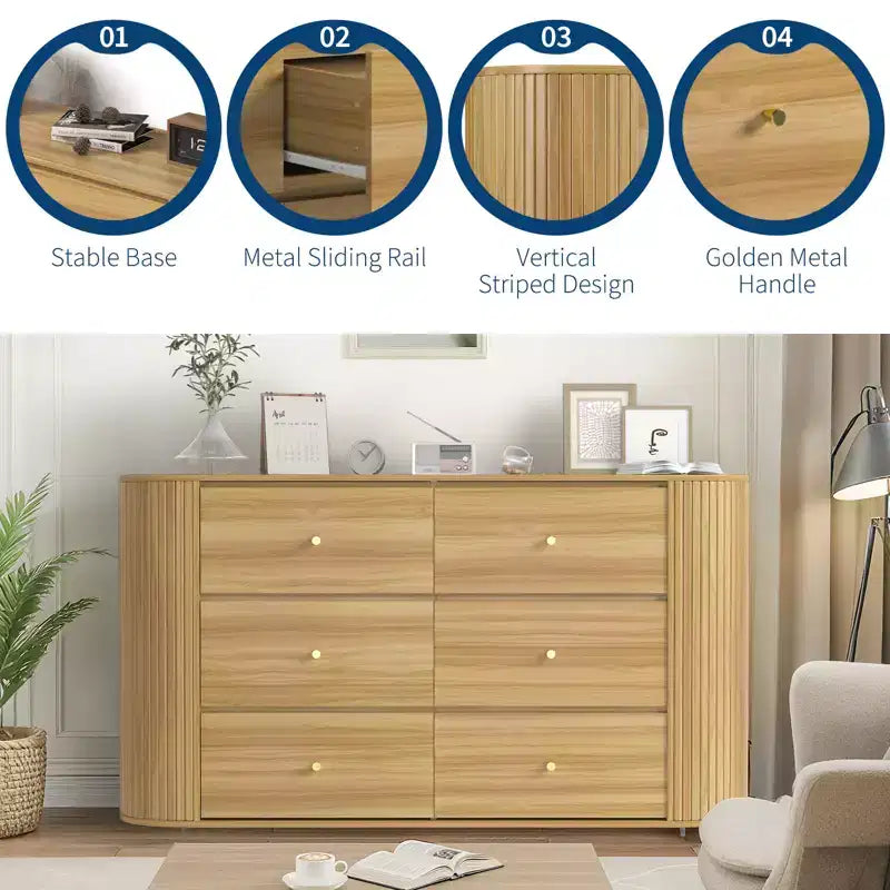 6-Drawer Wooden Dresser with Curved Edges, Oak Finish