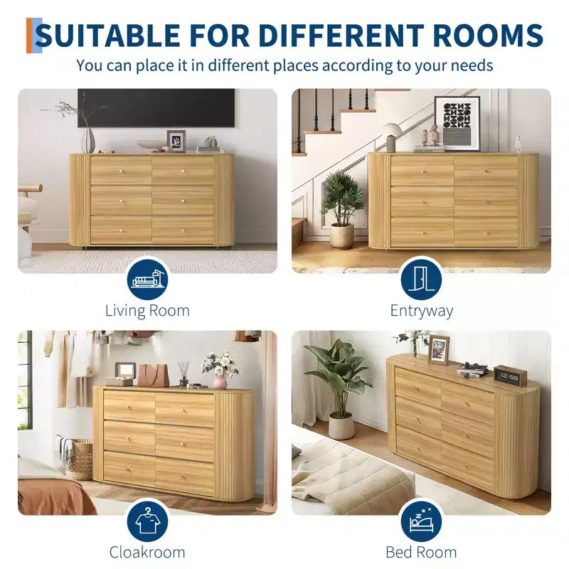 6-Drawer Wooden Dresser with Curved Edges, Oak Finish