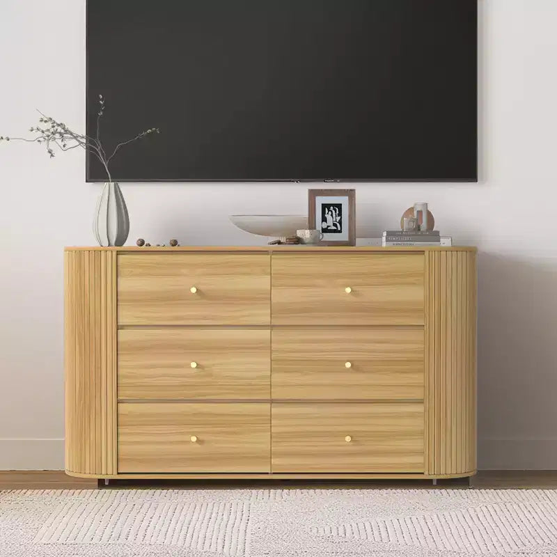 6-Drawer Wooden Dresser with Curved Edges, Oak Finish