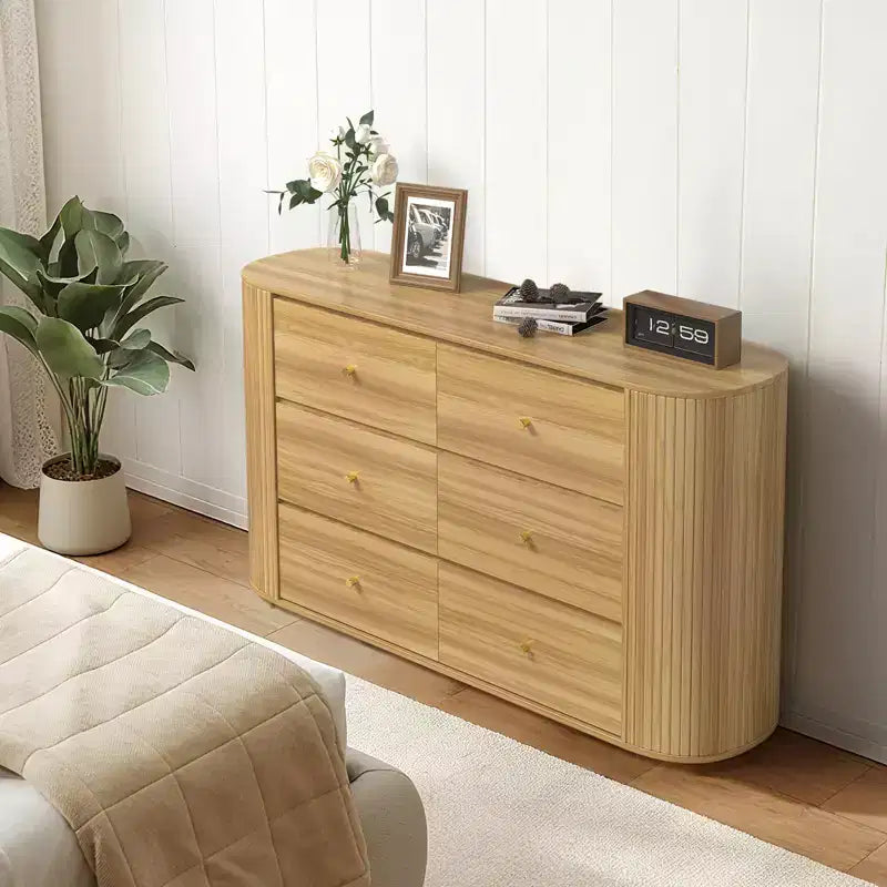 6-Drawer Wooden Dresser with Curved Edges, Oak Finish