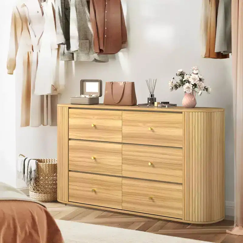 6-Drawer Wooden Dresser with Curved Edges, Oak Finish