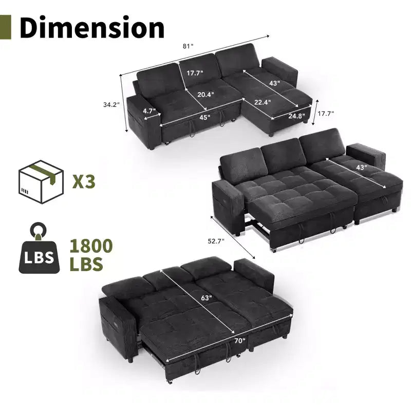 Convertible Storage Sofa Bed with Adjustable Backrest