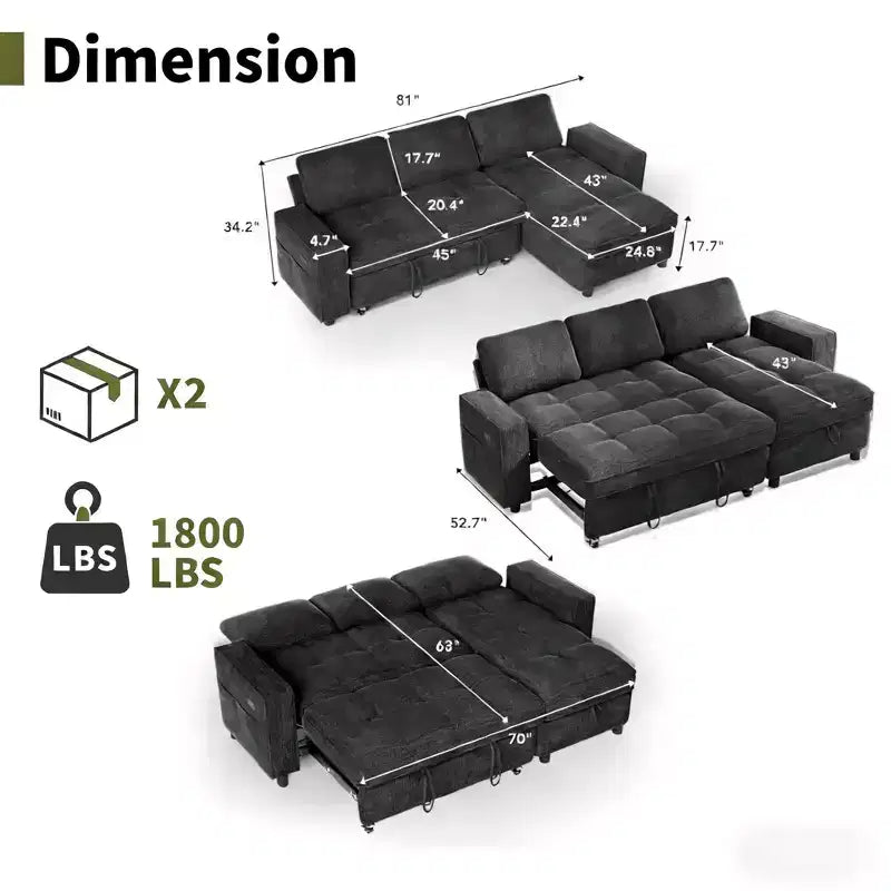 Convertible Storage Sofa Bed with Adjustable Backrest