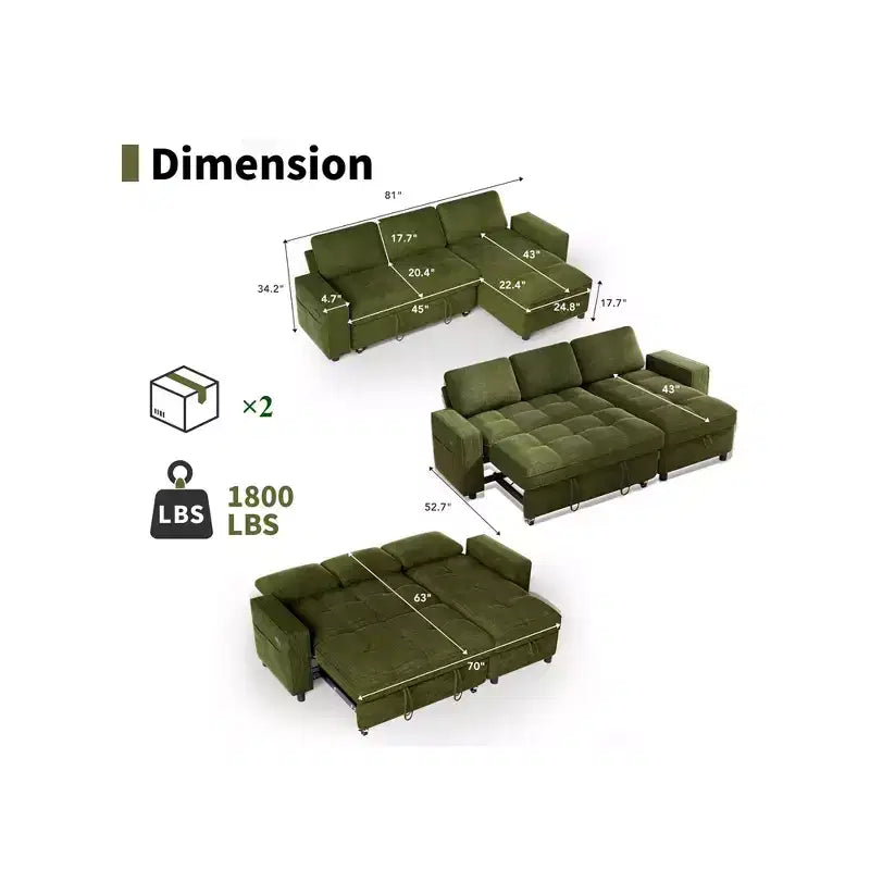 Convertible Storage Sofa Bed with Adjustable Backrest