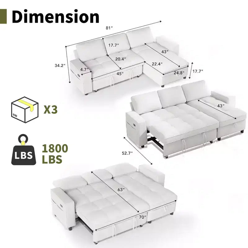 Convertible Storage Sofa Bed with Adjustable Backrest