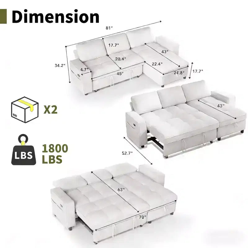 Convertible Storage Sofa Bed with Adjustable Backrest