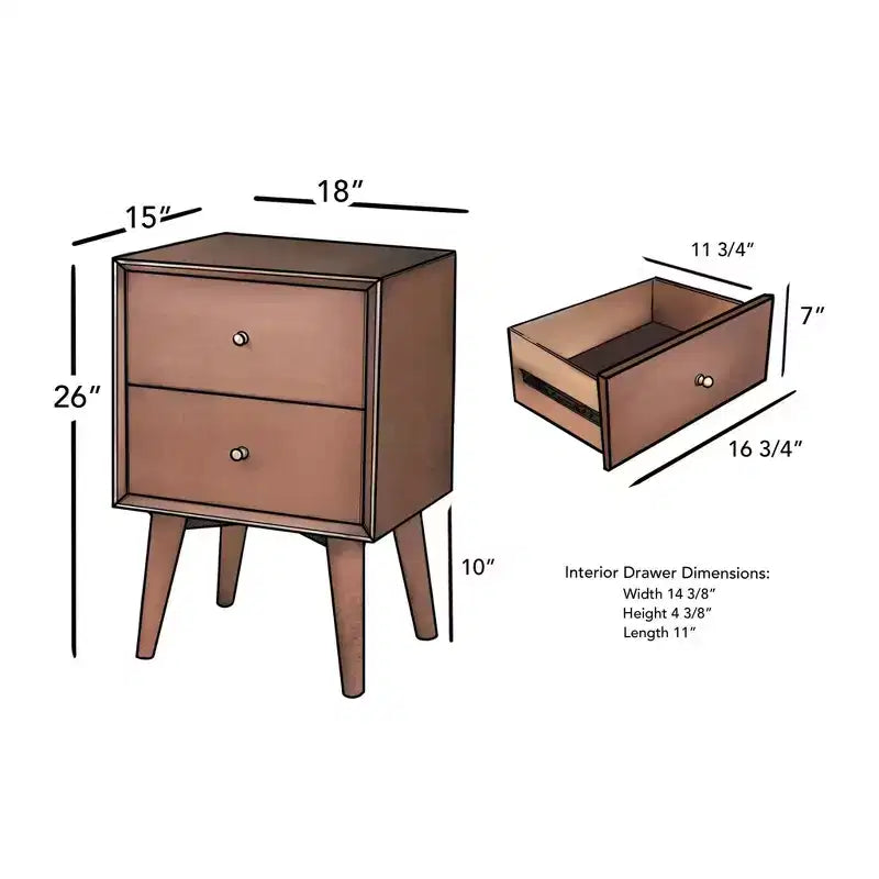 Mid-Century Modern 2-Drawer Nightstand, Chestnut