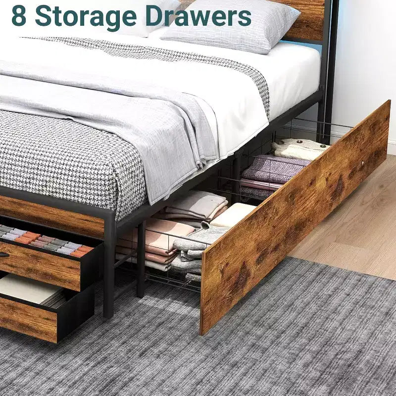 Queen Storage Bed Frame with 8 Drawers & Wooden Headboard – Brown