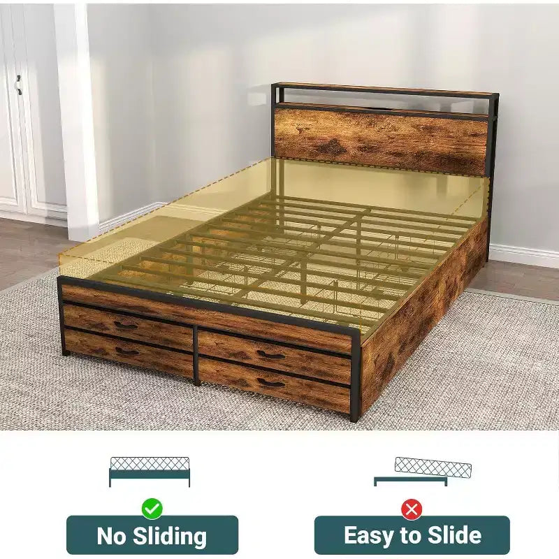 Queen Storage Bed Frame with 8 Drawers & Wooden Headboard – Brown
