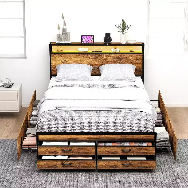Queen Storage Bed Frame with 8 Drawers & Wooden Headboard – Brown