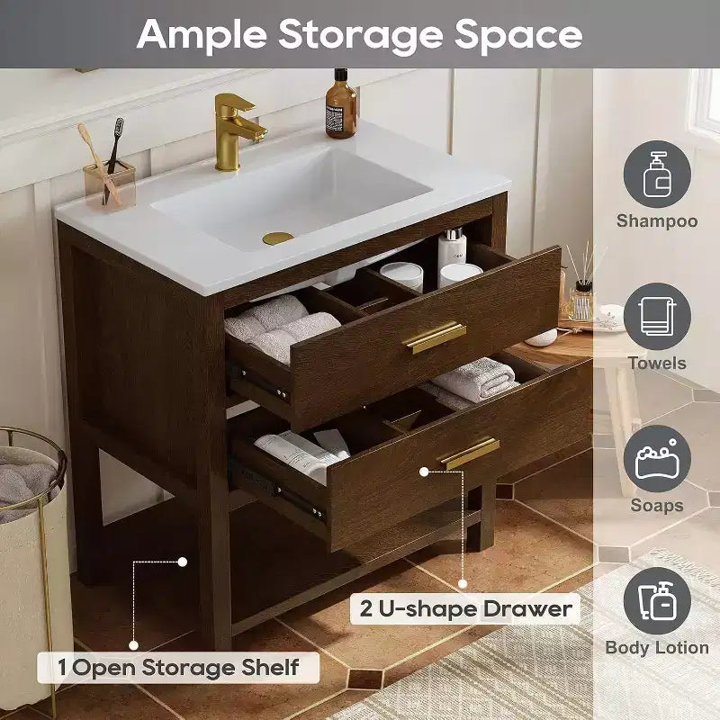 30 Inch Freestanding Bathroom Vanity Cabinet with Sink, 2 Drawers, Open Shelf, Adjustable Feet, Walnut Finish