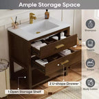 30 Inch Freestanding Bathroom Vanity Cabinet with Sink, 2 Drawers, Open Shelf, Adjustable Feet, Walnut Finish
