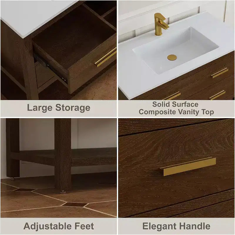 30 Inch Freestanding Bathroom Vanity Cabinet with Sink, 2 Drawers, Open Shelf, Adjustable Feet, Walnut Finish