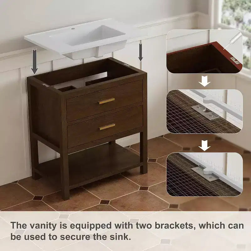 30 Inch Freestanding Bathroom Vanity Cabinet with Sink, 2 Drawers, Open Shelf, Adjustable Feet, Walnut Finish