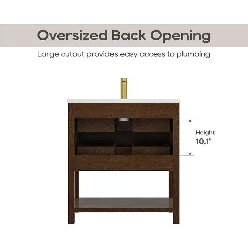 30 Inch Freestanding Bathroom Vanity Cabinet with Sink, 2 Drawers, Open Shelf, Adjustable Feet, Walnut Finish