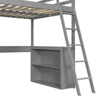 Modern Loft Bed with Desk, 6 Shelves and Drawer