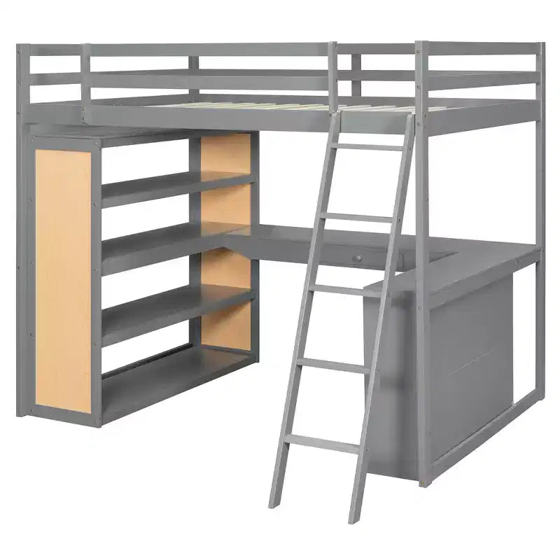 Modern Loft Bed with Desk, 6 Shelves and Drawer