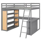 Modern Loft Bed with Desk, 6 Shelves and Drawer