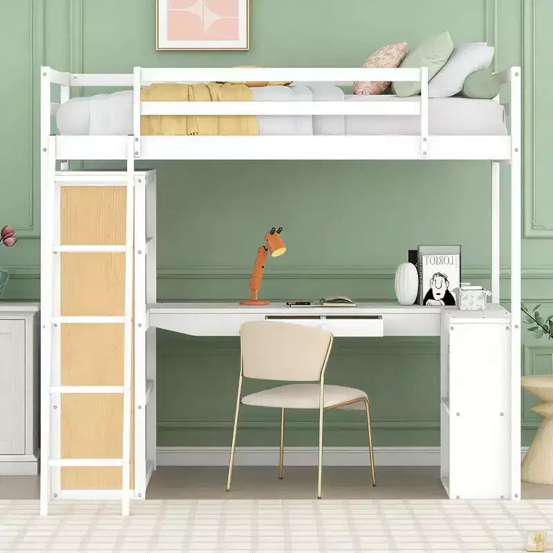 Modern Loft Bed with Desk, 6 Shelves and Drawer