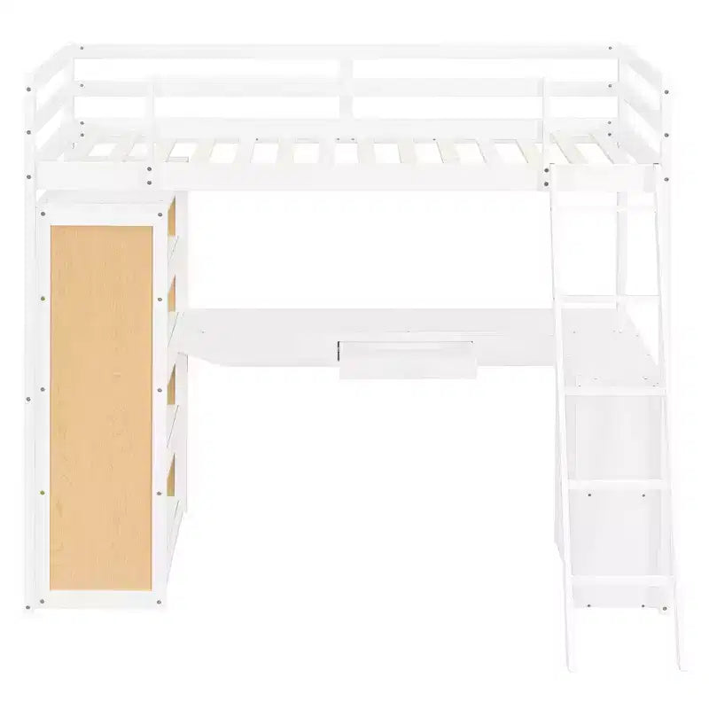 Modern Loft Bed with Desk, 6 Shelves and Drawer
