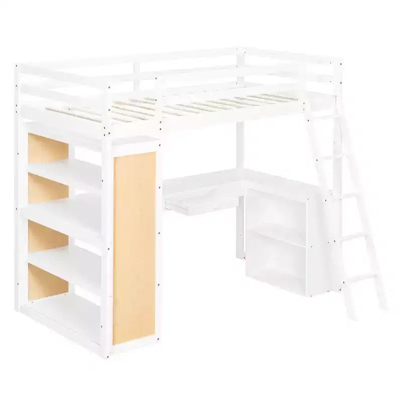Modern Loft Bed with Desk, 6 Shelves and Drawer