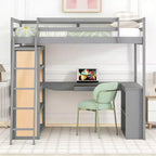 Modern Loft Bed with Desk, 6 Shelves and Drawer