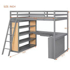 Modern Loft Bed with Desk, 6 Shelves and Drawer