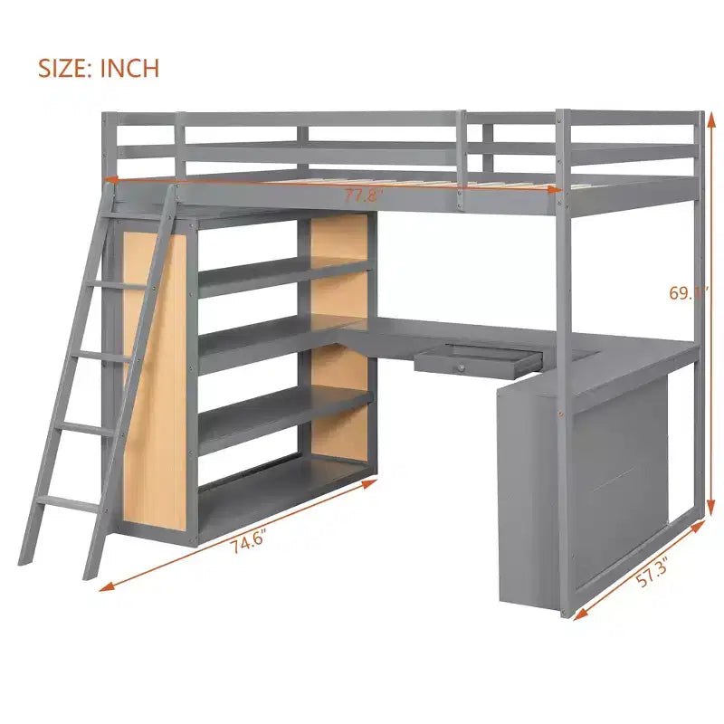 Modern Loft Bed with Desk, 6 Shelves and Drawer