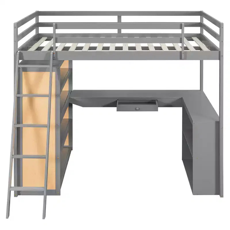Modern Loft Bed with Desk, 6 Shelves and Drawer