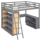 Modern Loft Bed with Desk, 6 Shelves and Drawer