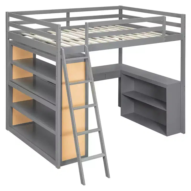 Modern Loft Bed with Desk, 6 Shelves and Drawer