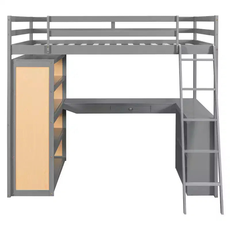 Modern Loft Bed with Desk, 6 Shelves and Drawer