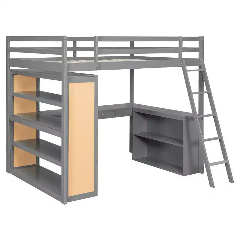 Modern Loft Bed with Desk, 6 Shelves and Drawer