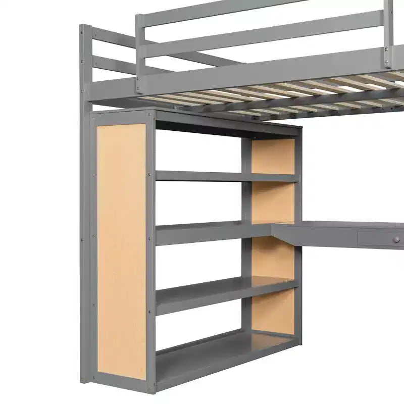 Modern Loft Bed with Desk, 6 Shelves and Drawer