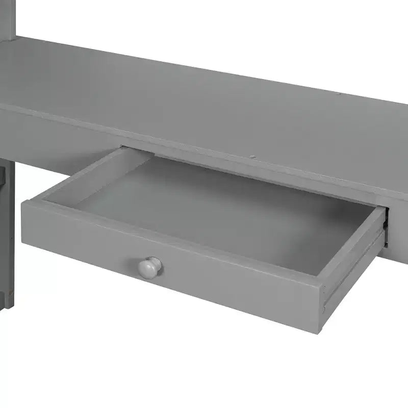 Modern Loft Bed with Desk, 6 Shelves and Drawer