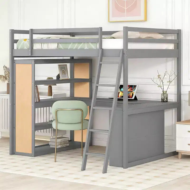 Modern Loft Bed with Desk, 6 Shelves and Drawer