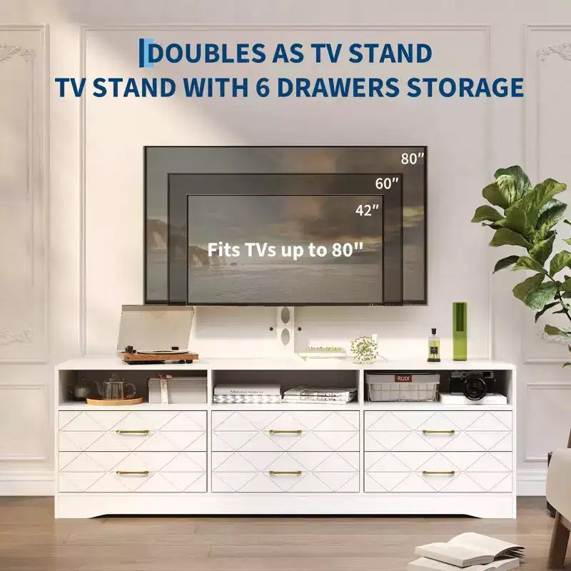 6 Drawer TV Stand Dresser with Mount – Wood Media Console & Storage Center