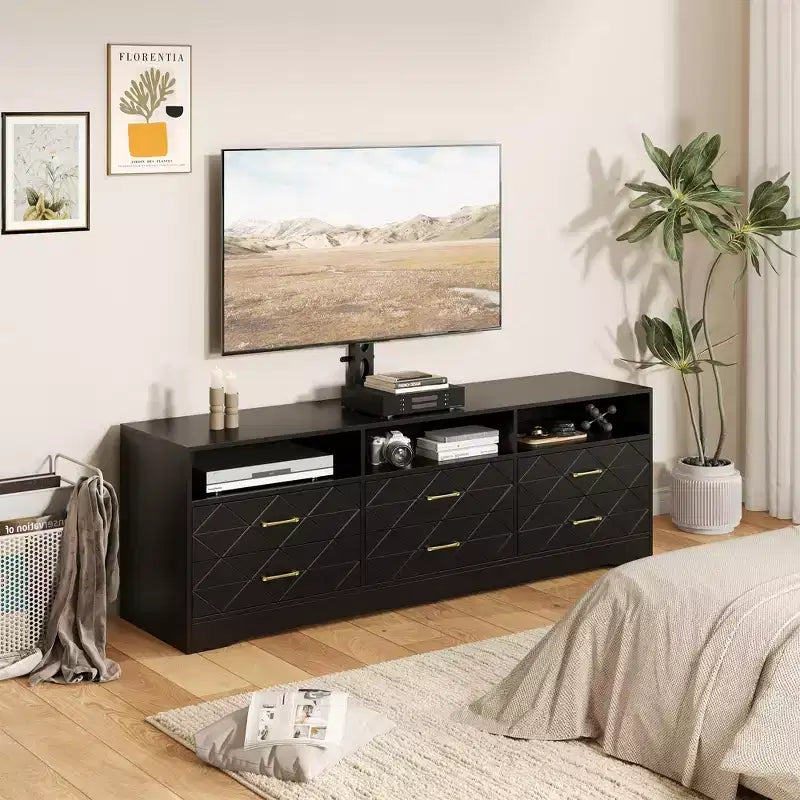 6 Drawer TV Stand Dresser with Mount – Wood Media Console & Storage Center