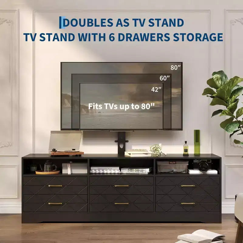 6 Drawer TV Stand Dresser with Mount – Wood Media Console & Storage Center