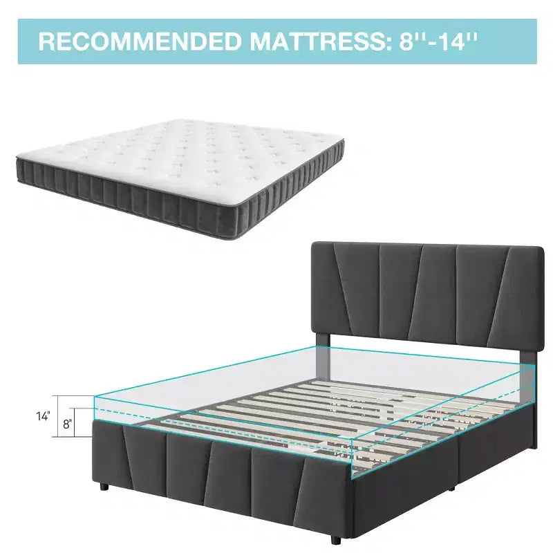 Upholstered Platform Bed Frame with Storage Drawers and Adjustable Headboard