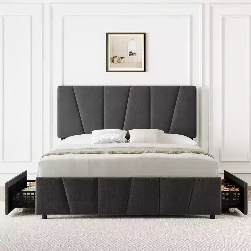 Upholstered Platform Bed Frame with Storage Drawers and Adjustable Headboard
