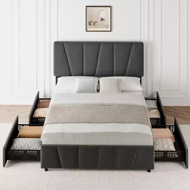 Upholstered Platform Bed Frame with Storage Drawers and Adjustable Headboard